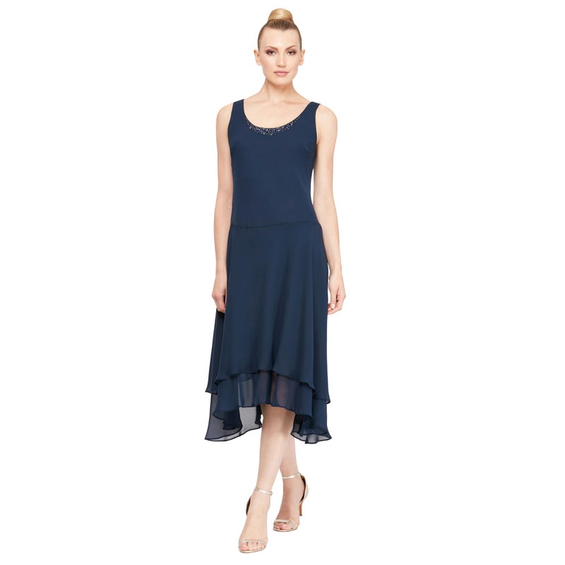 S.L. Fashions Women's Embellished Neckline & Shoulder, Mother of The Bride Jacket Dress (Petite and Regular Sizes), Navy, 16 - Image 3